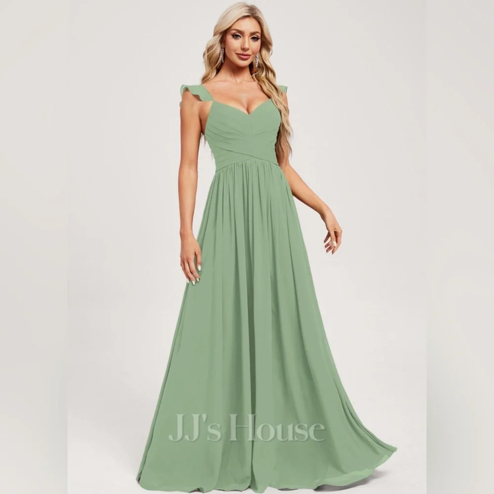 JJs House Basil Green A-line V-neck Floor-length Chiffon Bridesmaid Dress Sz 4 - Picture 2 of 5